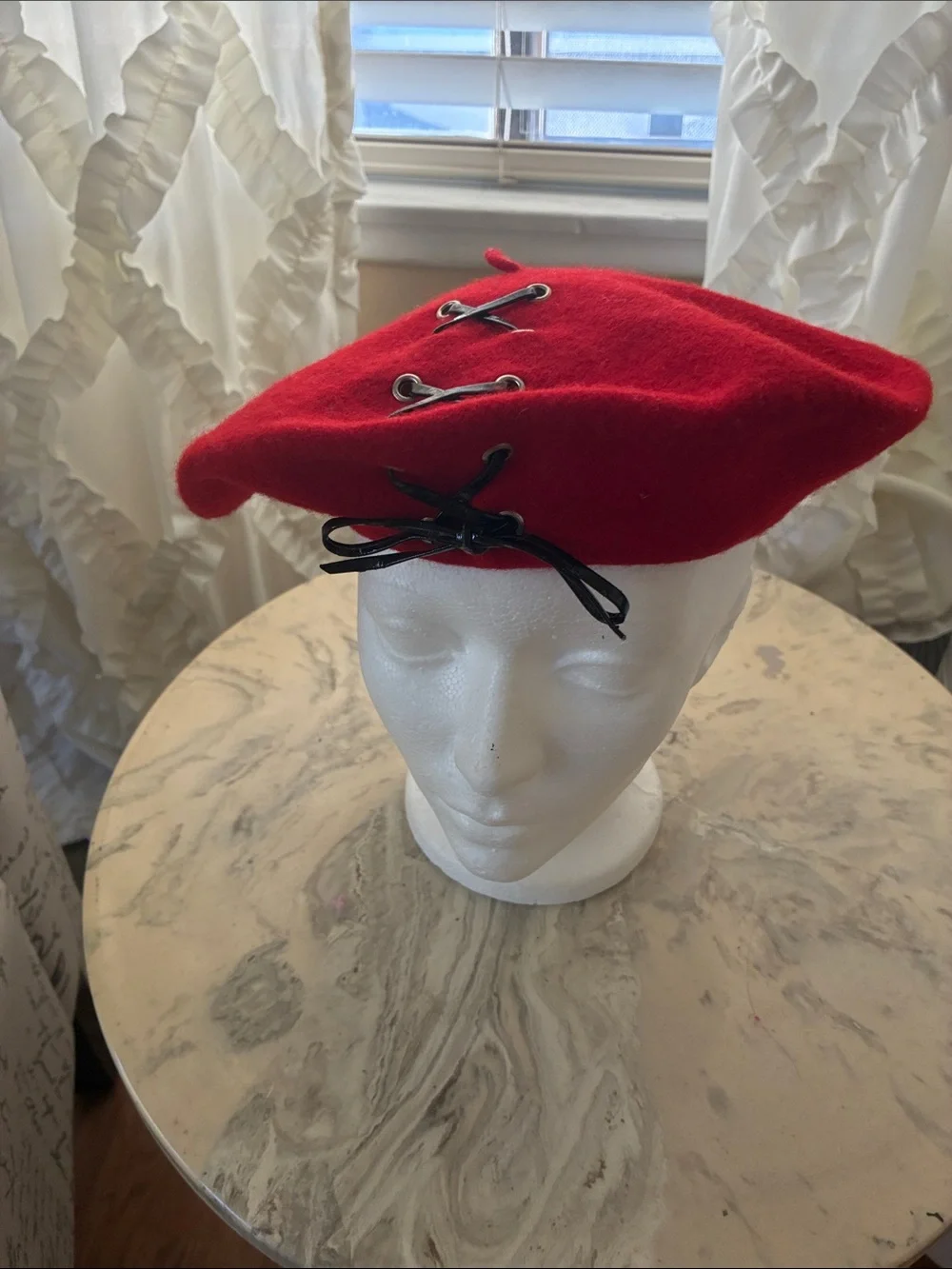 Nordstrom 100% Wool Beret Italy corset-style lace-up accent ribbon tie front